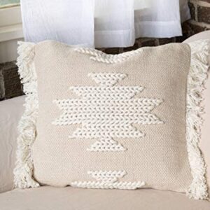 Foreside Home & Garden White Braided Geometric Pattern Handwoven 18x18 Decorative Cotton Throw Pillow with Hand Tied Fringe