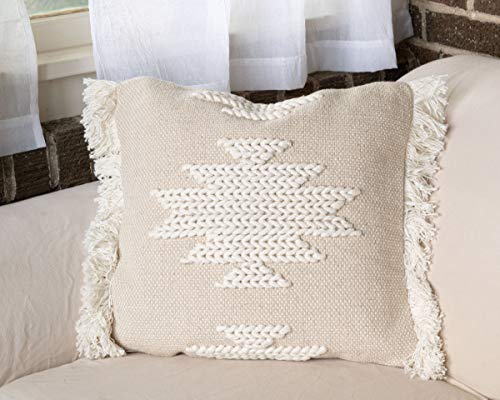 Foreside Home & Garden White Braided Geometric Pattern Handwoven 18x18 Decorative Cotton Throw Pillow with Hand Tied Fringe