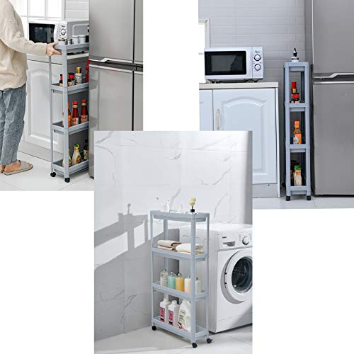 Jinby Slim Laundry Cart 4 Tier Mobile Shelving Unit Slide Out Storage Shelves for Kitchen Bathroom Laundry Narrow Places(Grey)