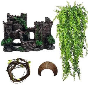 Tfwadmx Resin Classical Castle Reptile Habitat Decorations Lizard Hideouts Cave Coconut Shell Hut Ornament Terrarium Accessories for Chameleon,Gecko,Lizard,Snake and Hermit Crabs