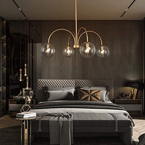 Chandeliers for Dining Rooms, 33’’ Modern Gold Chandelier, Large Globe Pendant Light Fixtures with Globe Seeded Glass Shade for Living Room, Bedroom & Kitchen, Dark Golden Finish