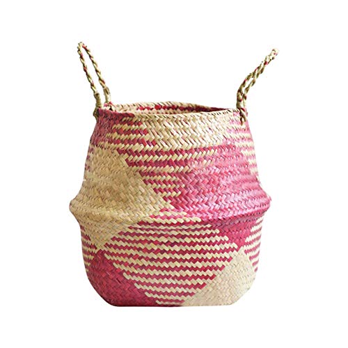 Seagrass Storage Basket Foldable Sundries Basket Handmade Rattan Woven Flower Basket Plant Pot Storage Organizer Home Supplies Red L