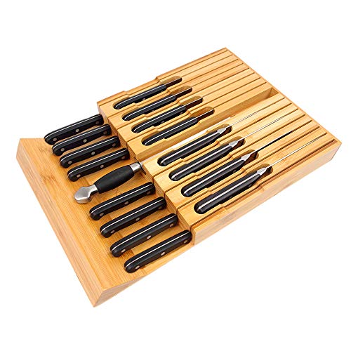 In-Drawer Bamboo Knife Block Holds for 16 Knives(Not Included) and Knife Sharpener, Knife Organizer Drawer Insert for Kitchen Cooking/Chef Skills, Saves Kitchen Counter Space