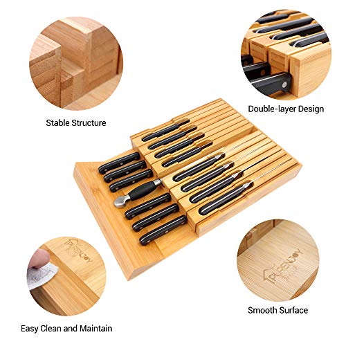 In-Drawer Bamboo Knife Block Holds for 16 Knives(Not Included) and Knife Sharpener, Knife Organizer Drawer Insert for Kitchen Cooking/Chef Skills, Saves Kitchen Counter Space