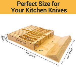 In-Drawer Bamboo Knife Block Holds for 16 Knives(Not Included) and Knife Sharpener, Knife Organizer Drawer Insert for Kitchen Cooking/Chef Skills, Saves Kitchen Counter Space