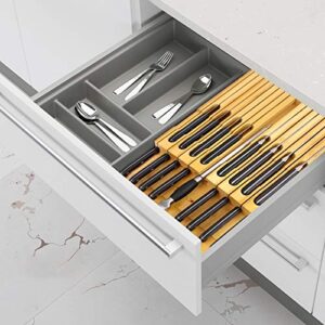 In-Drawer Bamboo Knife Block Holds for 16 Knives(Not Included) and Knife Sharpener, Knife Organizer Drawer Insert for Kitchen Cooking/Chef Skills, Saves Kitchen Counter Space