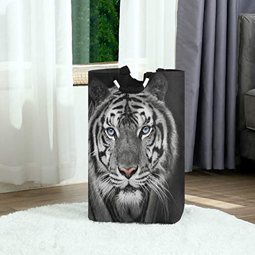 Kaariok White Tiger Animal Black Laundry Hamper with Handles Waterproof Collapsible Storage Basket Large Dirty Clothes Bin for Laundry Room, 22.7 Inches