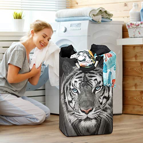 Kaariok White Tiger Animal Black Laundry Hamper with Handles Waterproof Collapsible Storage Basket Large Dirty Clothes Bin for Laundry Room, 22.7 Inches