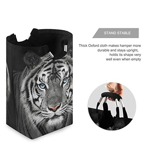 Kaariok White Tiger Animal Black Laundry Hamper with Handles Waterproof Collapsible Storage Basket Large Dirty Clothes Bin for Laundry Room, 22.7 Inches