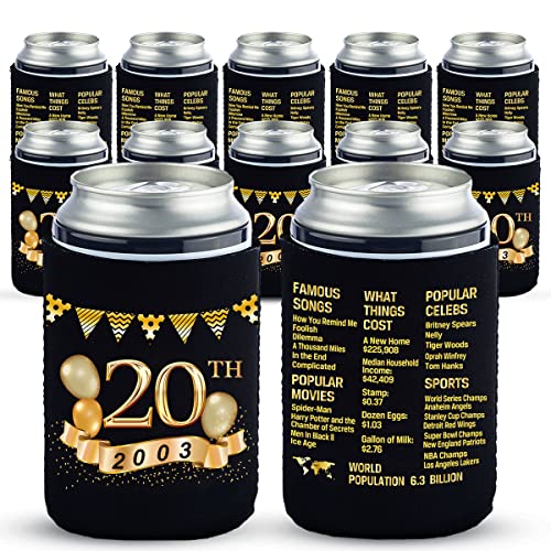 Yangmics 20th Birthday Can Cooler Sleeves Pack of 12-20th Anniversary Decorations- 2003 Sign - 20th Birthday Party Supplies - Black and Gold the twenty Birthday Cup Coolers