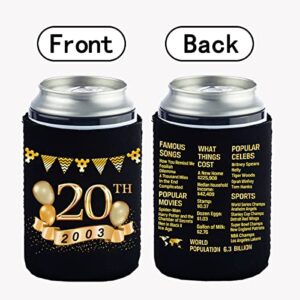 Yangmics 20th Birthday Can Cooler Sleeves Pack of 12-20th Anniversary Decorations- 2003 Sign - 20th Birthday Party Supplies - Black and Gold the twenty Birthday Cup Coolers