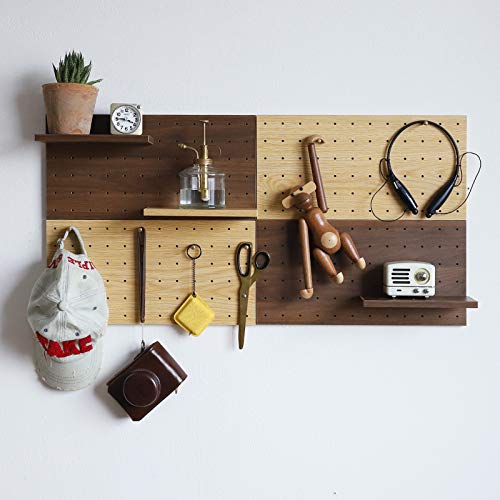 XAOHOME Wooden Pegboard, Sturdy Peg Board for Walls Modular Grid Organizer, DIY Storage and Display Panels with Shelves and Brass Hooks(Yellow)