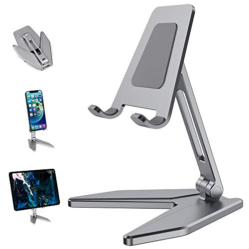 Arae Adjustable Cell Phone Stand, Aluminum Desk Cellphone Stand Holder Cradle Dock with Anti-Slip Base and Charging Port Compatible with All Smartphone (Gray)