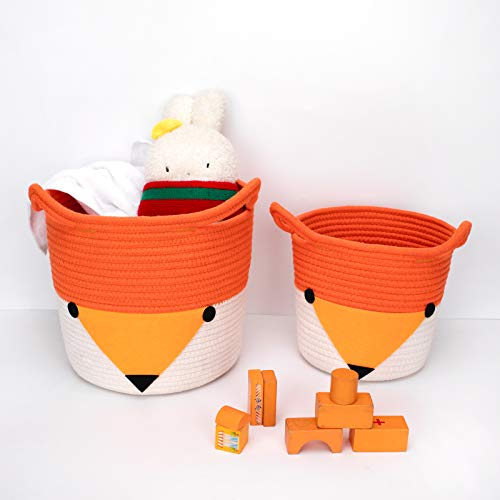 Annecy Cotton Rope Storage Basket Set of 2, Fox Woven Storage Basket, Toy Basket Organizer for Cats, Dogs, Cute Animal Laundry Basket for Nursery, Orange Baby Gift Basket