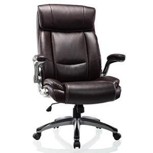 icomoch high back office chair with flip-up arms - executive computer desk chair with adjustable height thick padded seat and back support swivel bonded leather task chair for home office work, brown