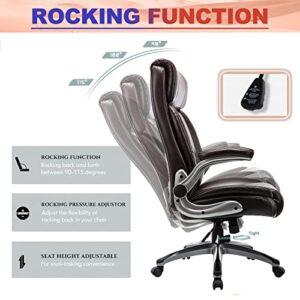 ICOMOCH High Back Office Chair with Flip-up Arms - Executive Computer Desk Chair with Adjustable Height Thick Padded Seat and Back Support Swivel Bonded Leather Task Chair for Home Office Work, Brown