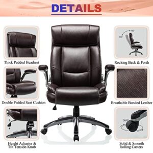 ICOMOCH High Back Office Chair with Flip-up Arms - Executive Computer Desk Chair with Adjustable Height Thick Padded Seat and Back Support Swivel Bonded Leather Task Chair for Home Office Work, Brown