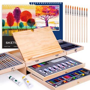 paint set,85 piece deluxe wooden art set crafts drawing painting kit with easel and 2 drawing pads, creative gift box for teens adults artist beginners,art kit,art supplies