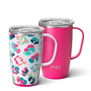swig life party animal + hot pink coffee lovers gift set, includes (2) 18oz travel mugs, triple insulated, stainless steel, easy to clean, and dishwasher safe