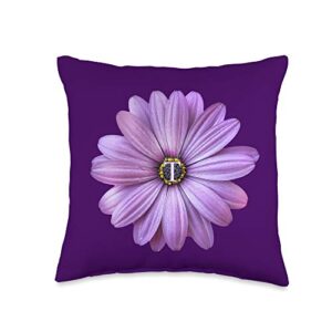 daisy flower initial letter monogram design gift initial t letter purple floral design flower-daisy throw pillow, 16x16, multicolor