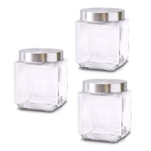 food storage containers – set of 3 glass jars with stainless steel lids – square glass containers for coffee, spices, beans and food – reinforced lid for secure closure – 40oz