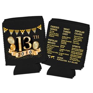 Yangmics 13th Birthday Can Cooler Sleeves Pack of 12-13th Anniversary Decorations- 2010 Sign - 13th Birthday Party Supplies - Black and Gold the thirteenth Birthday Cup Coolers