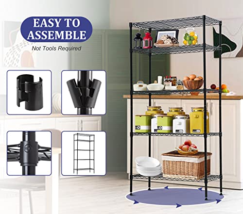 5 Tier Storage Shelves, 1250 Lbs Capacity Heavy Duty Wire Shelving Unit, NSF Metal Shelf, Adjustable Storage Rack for Garage Pantry Kitchen Office Laundry- 14" D X 36" L X72 H, Black