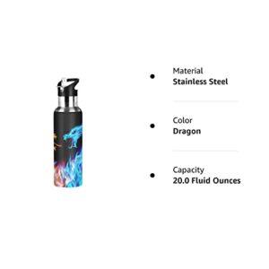 Qilmy 3D Printing Dragon Water Bottle Vacuum Insulated Stainless Steel Water Bottles with Straw Lid Leakproof Wide Mouth Water Flask for Fitness Outdoor Sports, 22 oz…