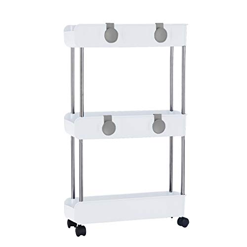 3-Tier Slim Mobile Shelving Unit on Wheels, Slide Out Rolling Bathroom Storage Organizer, Utility Carts Shelf Rack for Kitchen Bathroom Laundry Room Narrow Places, White