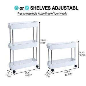 3-Tier Slim Mobile Shelving Unit on Wheels, Slide Out Rolling Bathroom Storage Organizer, Utility Carts Shelf Rack for Kitchen Bathroom Laundry Room Narrow Places, White