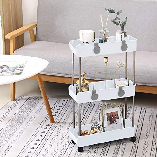 3-Tier Slim Mobile Shelving Unit on Wheels, Slide Out Rolling Bathroom Storage Organizer, Utility Carts Shelf Rack for Kitchen Bathroom Laundry Room Narrow Places, White