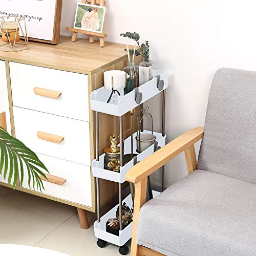 3-Tier Slim Mobile Shelving Unit on Wheels, Slide Out Rolling Bathroom Storage Organizer, Utility Carts Shelf Rack for Kitchen Bathroom Laundry Room Narrow Places, White