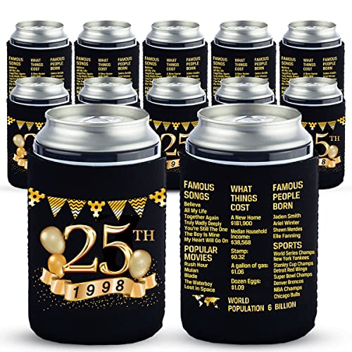 Yangmics 25th Birthday Can Cooler Sleeves Pack of 12-25th Anniversary Decorations- 1998 Sign - 25th Birthday Party Supplies - Black and Gold the twenty-fifth Birthday Cup Coolers