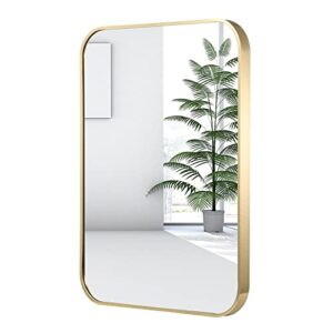 jenbely 24x36 inch gold bathroom mirror, brushed brass gold metal framed rectangular mirror with rounded corner, wall mounted vanity mirror for bedroom or living room, horizontal/vertical