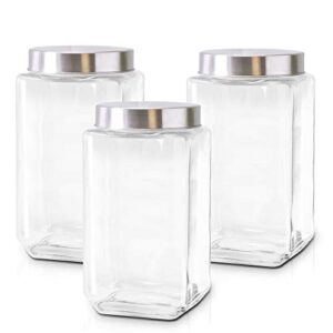 glass canisters for kitchen – set of 3 large food storage containers – 70oz storage jars with stainless steel lids – suitable for snacks, flour, sugar, pet treats – screw-on lid