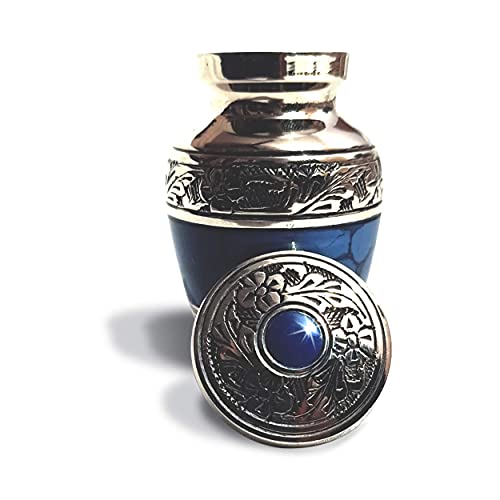 Small Keepsake Cremation Urn for Human Ashes with Velvet Heart Case and Funnel - Beautiful Peaceful Dark Blue Brass Hand Engraved Mini Memorial Urn