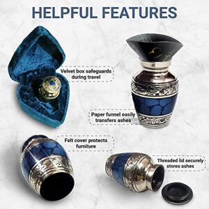 Small Keepsake Cremation Urn for Human Ashes with Velvet Heart Case and Funnel - Beautiful Peaceful Dark Blue Brass Hand Engraved Mini Memorial Urn