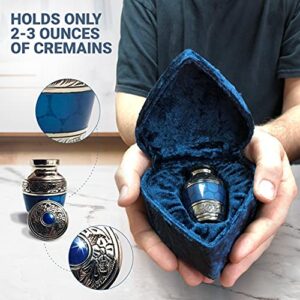 Small Keepsake Cremation Urn for Human Ashes with Velvet Heart Case and Funnel - Beautiful Peaceful Dark Blue Brass Hand Engraved Mini Memorial Urn