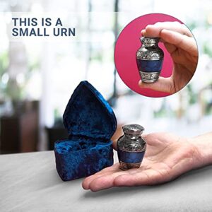 Small Keepsake Cremation Urn for Human Ashes with Velvet Heart Case and Funnel - Beautiful Peaceful Dark Blue Brass Hand Engraved Mini Memorial Urn