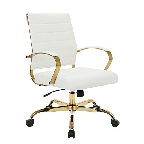 LeisureMod Benmar Modern Mid-Back Adjustable Swivel Leather Office Chair with Gold Frame (White)