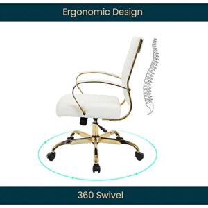 LeisureMod Benmar Modern Mid-Back Adjustable Swivel Leather Office Chair with Gold Frame (White)