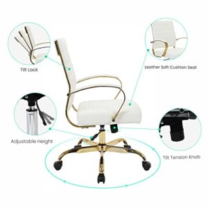 LeisureMod Benmar Modern Mid-Back Adjustable Swivel Leather Office Chair with Gold Frame (White)