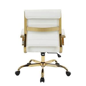 LeisureMod Benmar Modern Mid-Back Adjustable Swivel Leather Office Chair with Gold Frame (White)