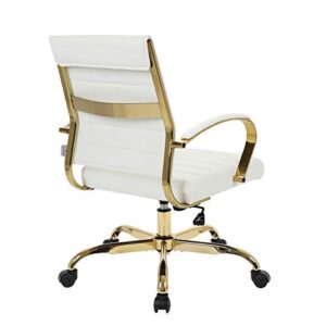 LeisureMod Benmar Modern Mid-Back Adjustable Swivel Leather Office Chair with Gold Frame (White)