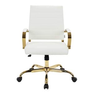 LeisureMod Benmar Modern Mid-Back Adjustable Swivel Leather Office Chair with Gold Frame (White)