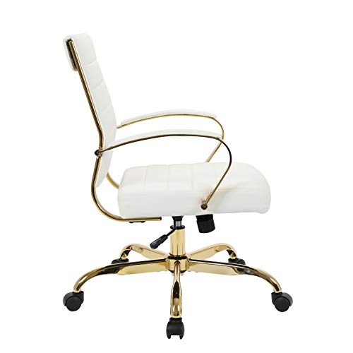 LeisureMod Benmar Modern Mid-Back Adjustable Swivel Leather Office Chair with Gold Frame (White)