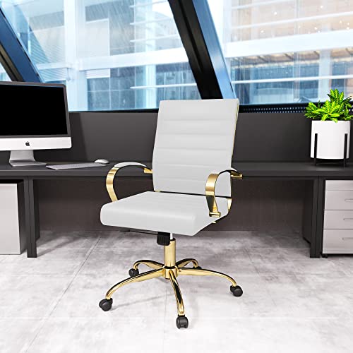 LeisureMod Benmar Modern Mid-Back Adjustable Swivel Leather Office Chair with Gold Frame (White)