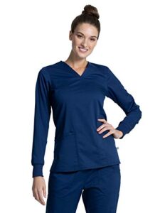 cherokee women scrubs top workwear revolution tech long sleeve v-neck ww855ab, l, navy