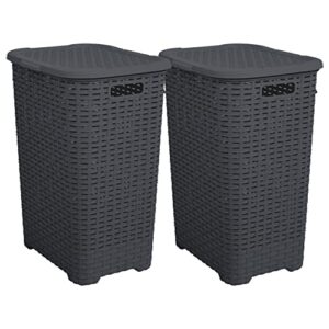 plastic laundry hamper with lid laundry hamper basket, grey 2 pack tall cloths hamper organizer with cut-out handles. space saving for laundry room bedroom bathroom, wicker design 60 liter