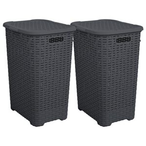 Plastic Laundry Hamper with Lid Laundry Hamper Basket, Grey 2 Pack Tall Cloths Hamper Organizer with Cut-out Handles. Space Saving for Laundry Room Bedroom Bathroom, Wicker Design 60 Liter